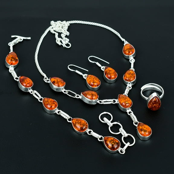 Baltic Amber Pear Gemstone Handmade Gift 925 Sterling Silver Jewelry Set VJ 1013
