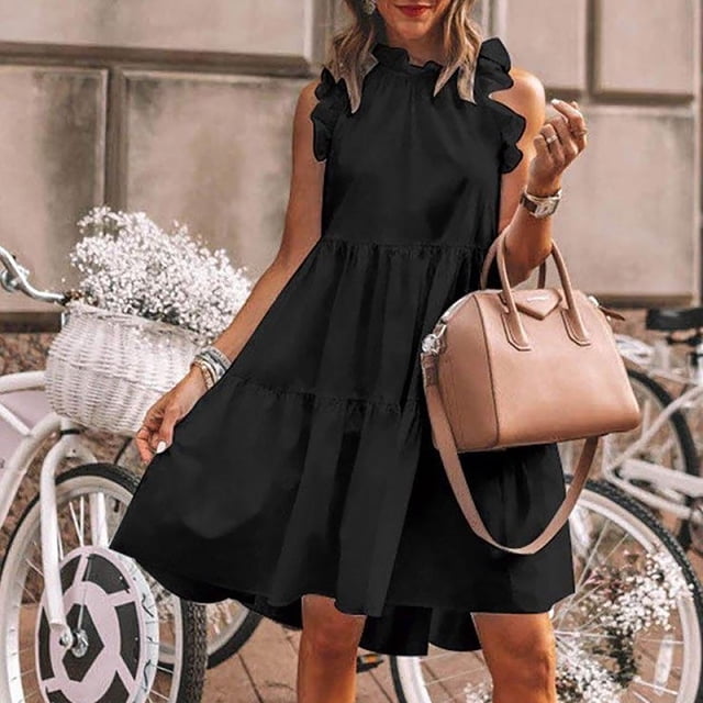 Mini vestido de mujer con volantes y cuello redondo sin mangas con lunares vestido de túnica plisada Abanopi Negro/XX-grande