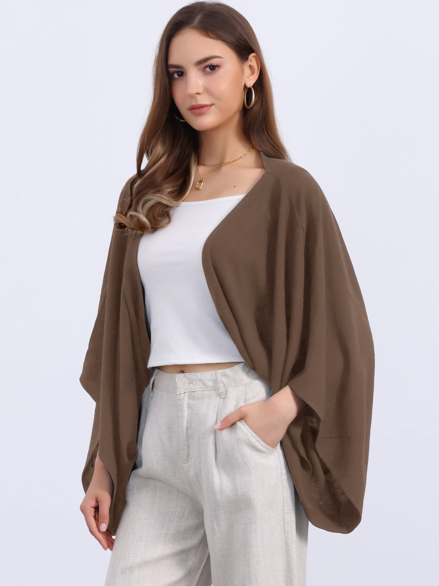 DARING DIVA Women's Linen Cardigan 3/4 Sleeve Open Front Lightweight Shrug M Dark Brown