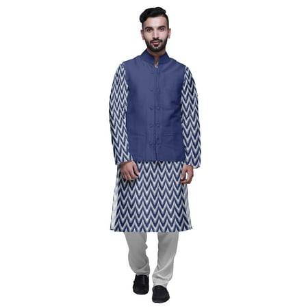 

Atasi Mens Kurta Pajama Jacket Indian Mandarin Collar Printed Ethnic Wear Set