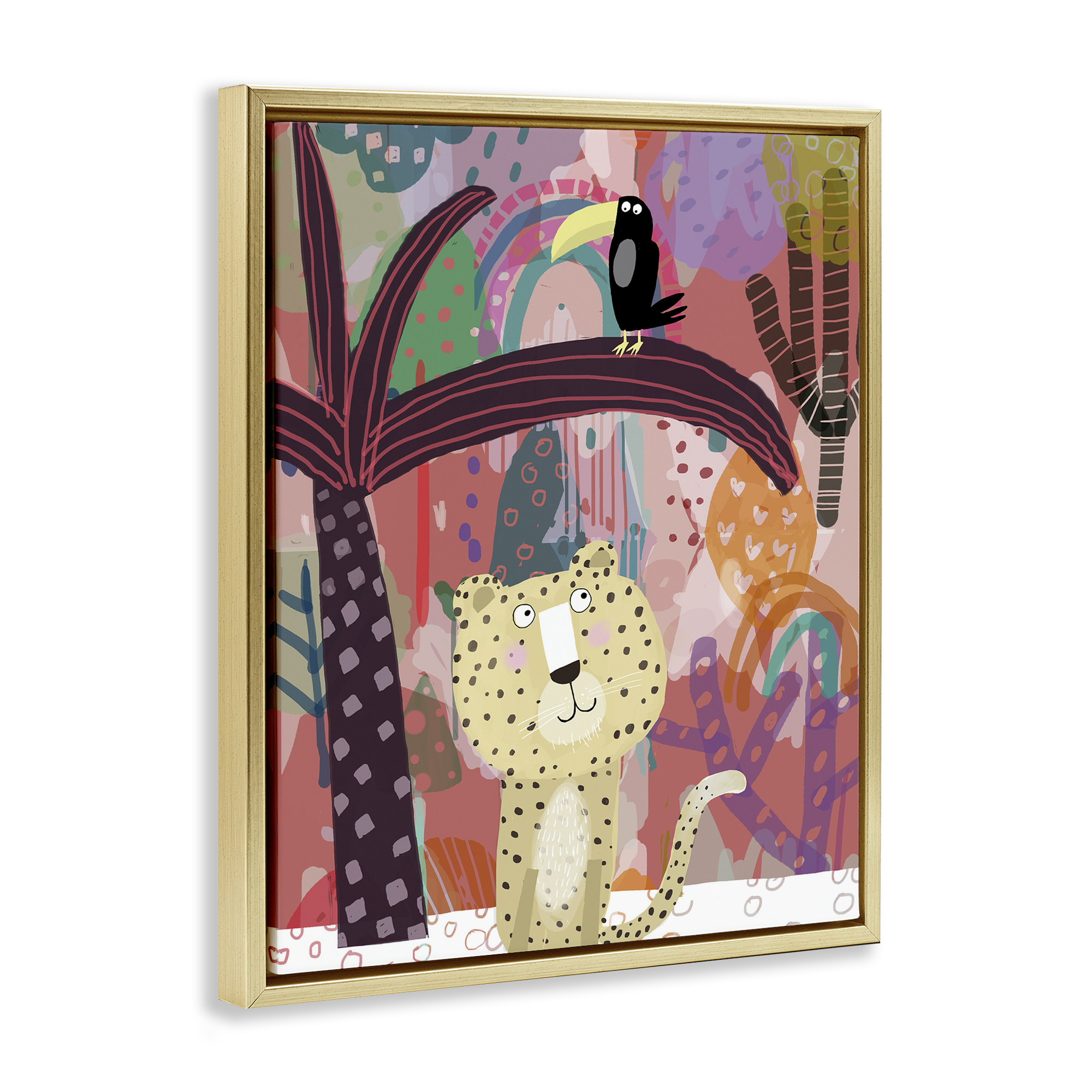 Whimsical Cheetah & Toucan Gold Framed Floater Canvas Wall Art, design by Carla Daly