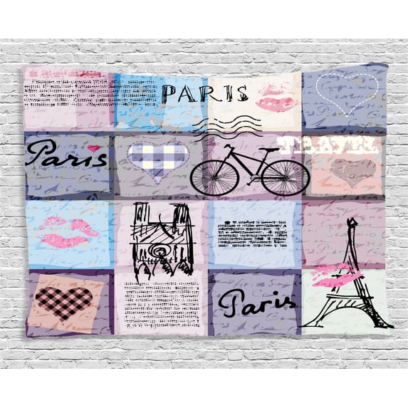 Apartment Decor Tapestry, Grunge Retro Collage of Paris with Famous Object Eiffel Tower European Decor, Wall Hanging for Bedroom Living Room Dorm Decor, 80W X 60L Inches, Multi, by Ambesonne