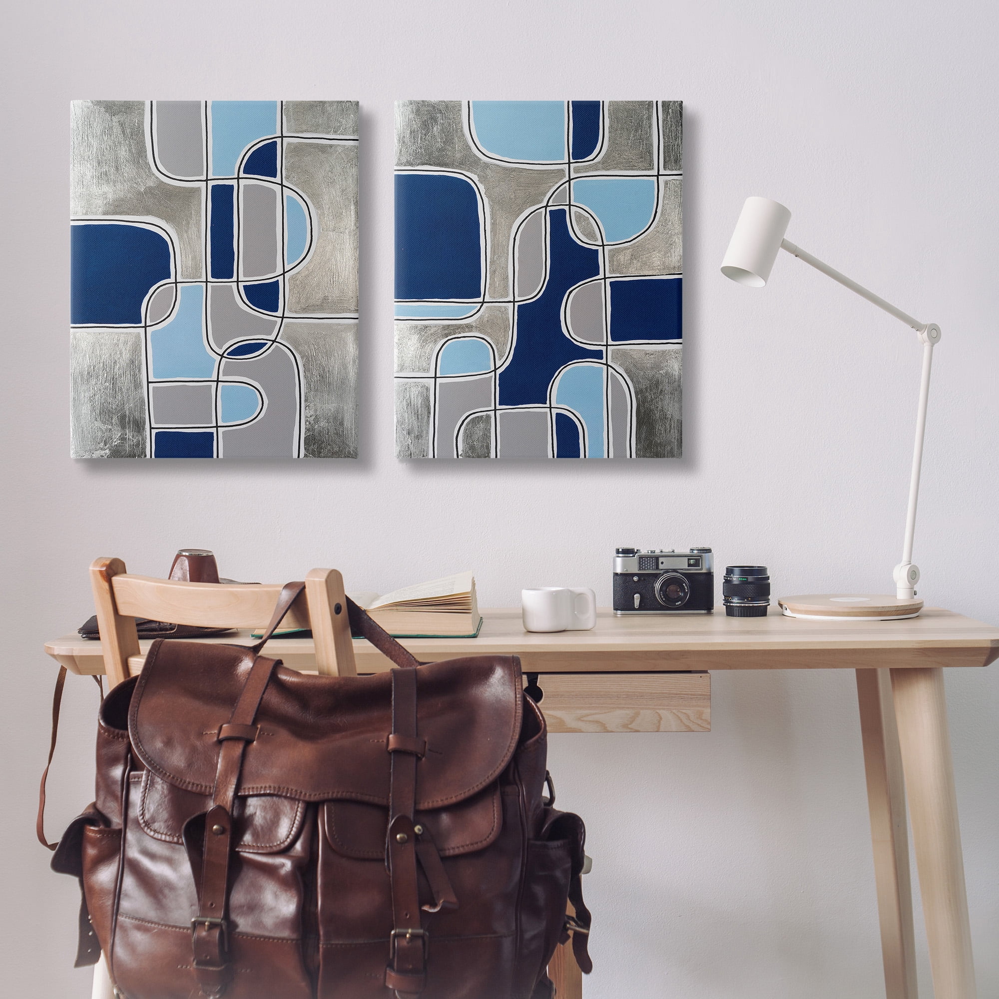 Stupell Industries Blue & Grey Geometrics Abstract Painting Gallery Wrapped Canvas Art Print Wall Art, 24 x 30, Set of 2
