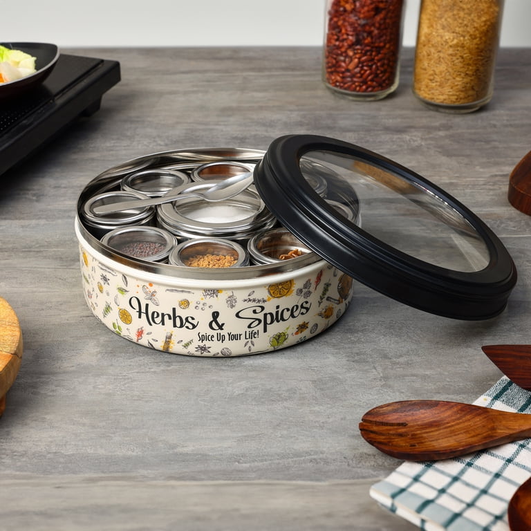 Stainless Steel Masala Dabba Spice Box - 7 Containers With See-Through Lid & Spoon, Ivory Color, Kitchen Organizer