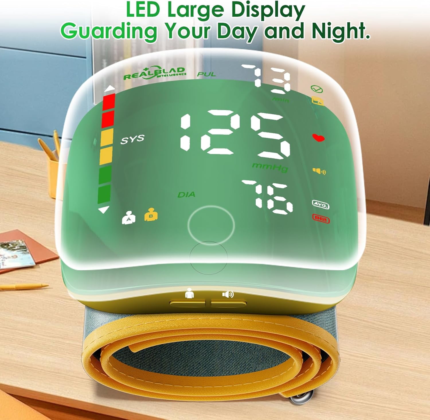 Wrist Blood Pressure Monitor with Green LED Curved Screen, Rechargeable Blood Pressure Machine for Home Use, One-Button Switch Voice and User, 5.31-9.25in Wrist Blood Pressure Cuff, with Storage