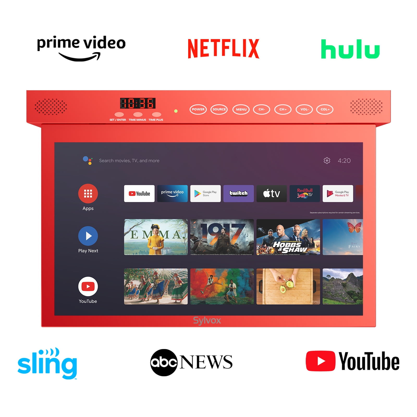 Sylvox 15.6” Under Cabinet Smart TV ,Rotated Folded,1080P 12V Google Television for Kitchen,Google Assistant,Chromecast,Wireless Connectivity,Red