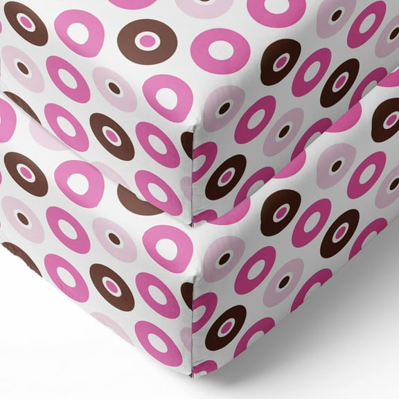 Bacati - Crib or Toddler Bed Fitted Sheet 100% Cotton Percale, Mod Dots/Stripes, Pink/Fuchsia/Beige/Brown