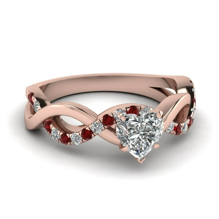 3/4 Carat Heart Shaped Diamond & Ruby French Pave Engagement Ring In Solid 14K Pink Gold GIA