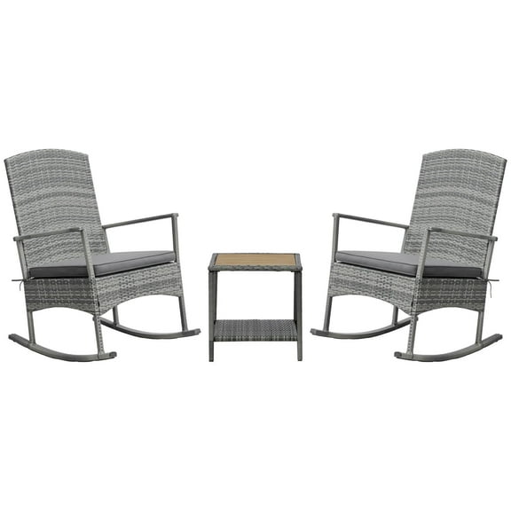 Resenkos PE Rattan Set, Wicker Recliner Rocker Chairs, Comfortable Outdoor Lounge with Soft Cushions & Natural Wood Coffee Table,Gray