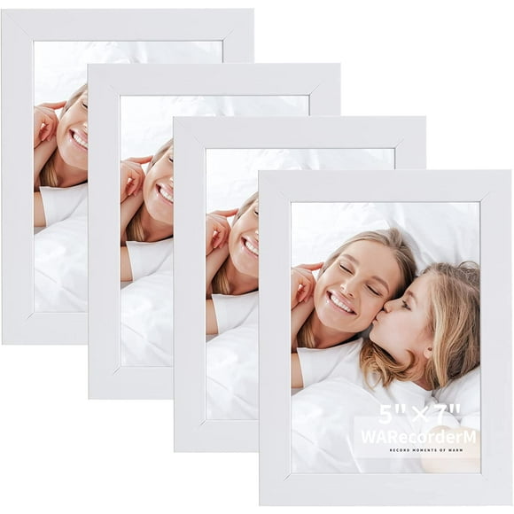 WARecorderM 5x7 Cadres Photo Ensemble de 4, Cadre en Bois de Verre Haute Définition, Cadre de Montage Mural Format Vertical Horizontal, Blanc