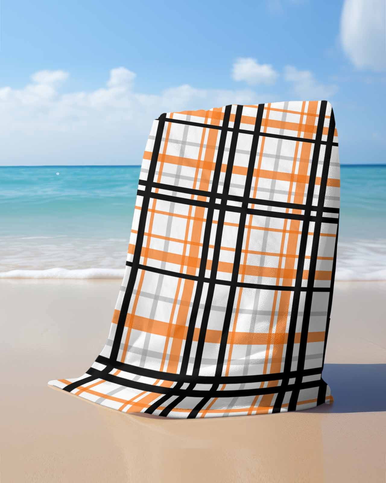 Orange Black Plaid Beach Towels Oversized Super Absorbent, Farmhouse Orange Black Checkered Lightweight Bath Towel Quick Dry Sets For Bathroom/Pool/Rv Camping/Beach Play/Gym Room/Picnic 23"x47"