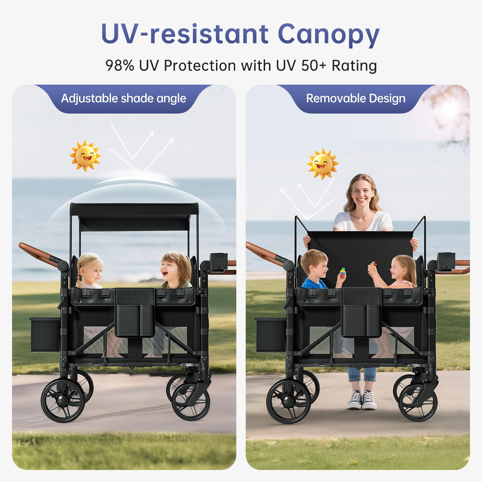 Vipsafe Foldable Wagon Stroller for 4 Kids, Multifunctional Baby Stroller with Detachable Canopy, Adjustable Handlebars, Easy Storage for Toddlers
