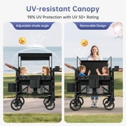 Vipsafe Foldable Wagon Stroller for 4 Kids, All-Terrain Convertible Baby Stroller for Toddlers with 5-Point Harness, Foot Brake, 9-Level Adjustable Handle, Removable Canopy, Black