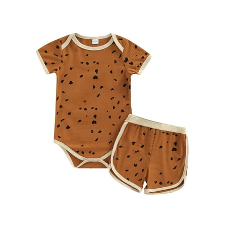 

SAYOO Toddler Baby Short Pants Outfits Short Sleeve Pattern Printed Bordered Romper + Elastic Waist Shorts Set