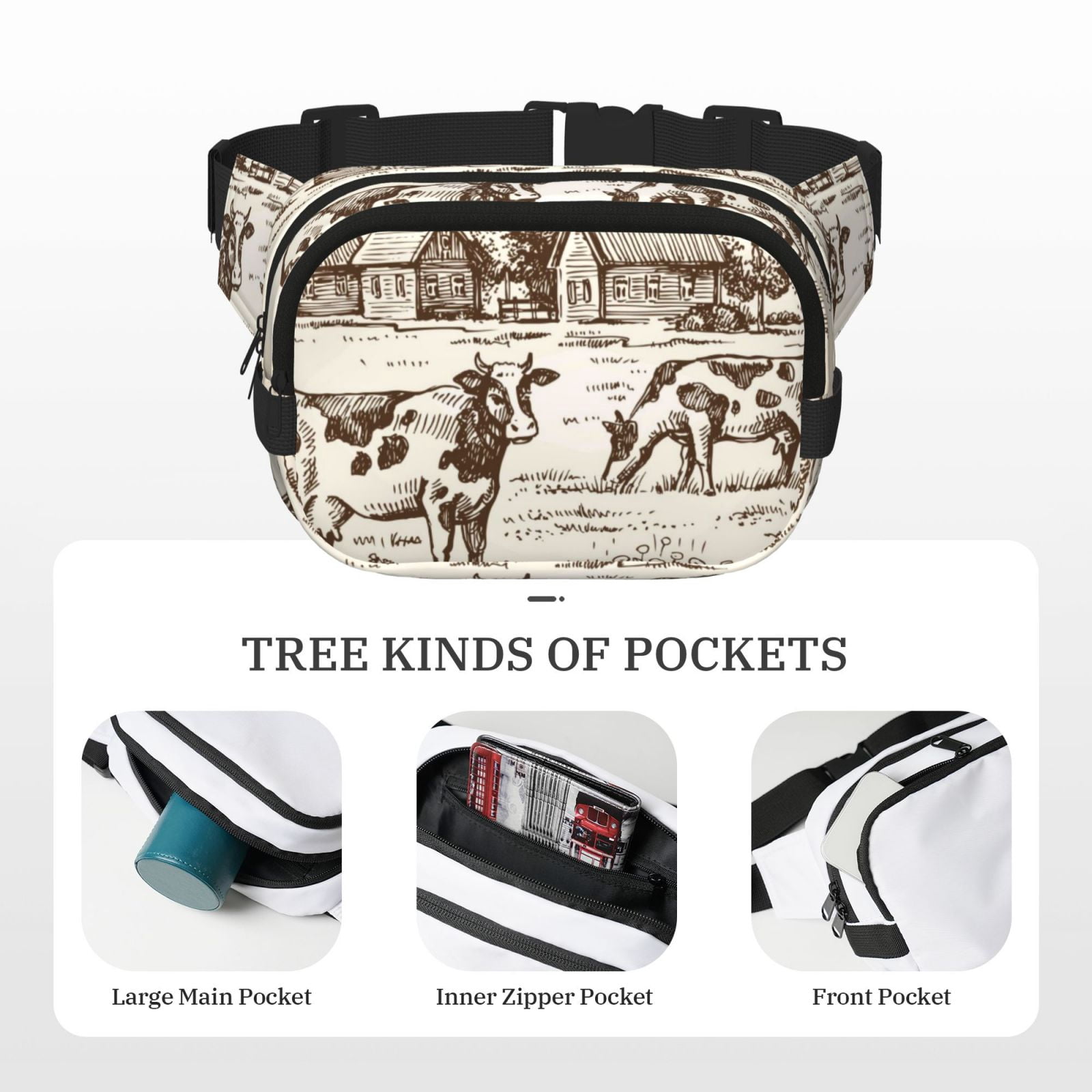 Picia Cows On The Farm Print Square Double-Layer Waist Bag Mini Adjustable Waist Belt Bag Exercise Running Travel Hiking
