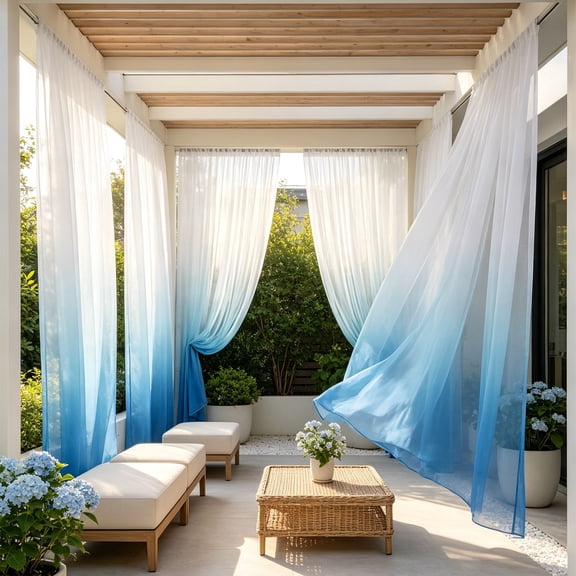 Polyester Gradient Sheer Curtain Ombres Window Drapes Protection Light Filtering Waterproof Rod Pocket Panels For Living Room Bedroom Patio Gazebo Indoor,Blue