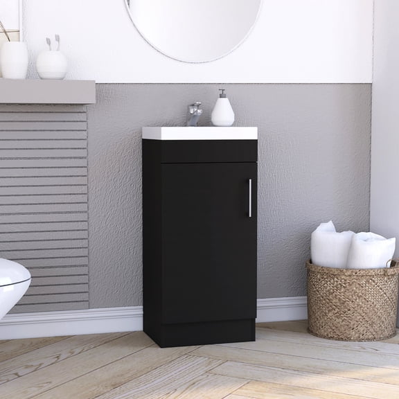 Metal Handle Bathroom Vanity Sink In Black With Cabinet For Use