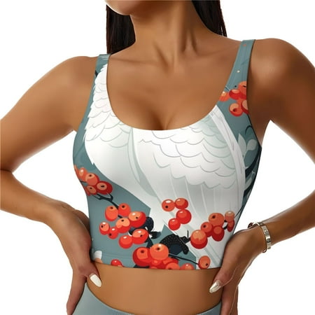 Adobk Cockatoo Red Berries Print Sports Bras for Women Longline Workout Crop Tank Tops Padded with Built in Shelf Padded Sports Bra-Medium