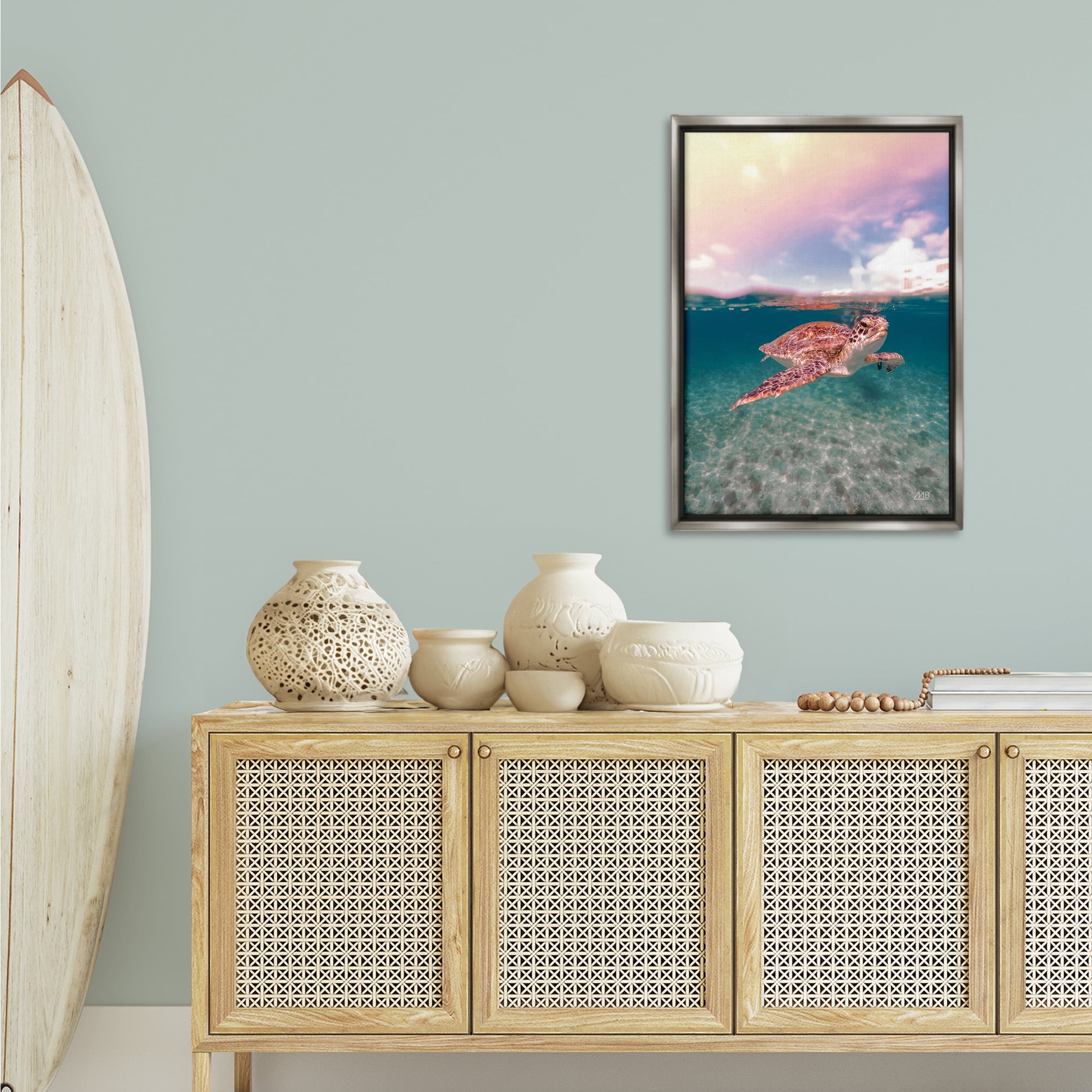 Stupell Industries Above & Below Sea Turtle Animals Photography Gray Floater Framed Canvas Art Print Wall Art, 21 x 31