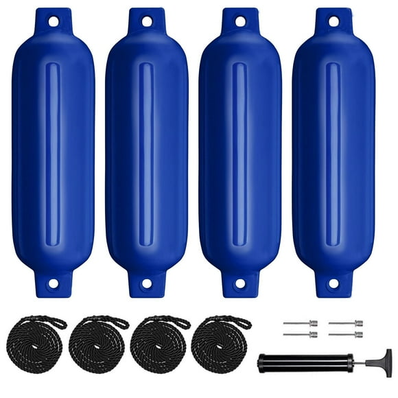 Sailortenx Boat Fenders 4 Pack 4.5x16'' Inflatable Ribbed Marine Boat Fender Lines 6.5' Needles Pump for Boat Bumpers Fender for Docking Fenders Blue