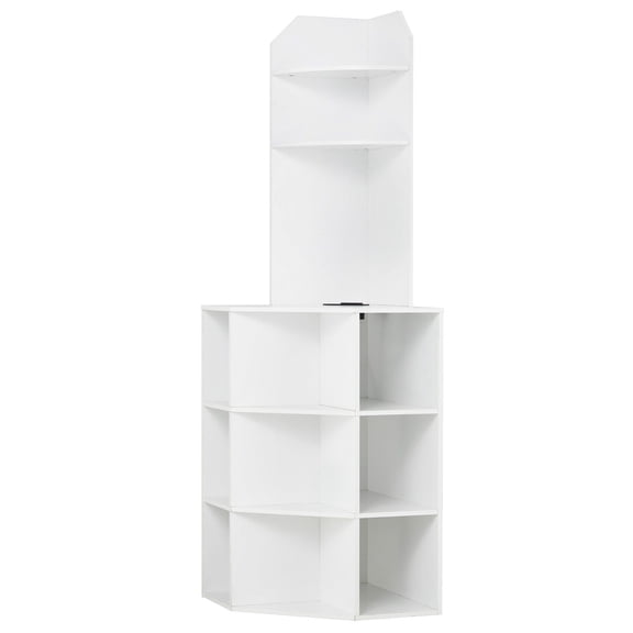 Tall Corner Storage Cabinet with Charging Dock, 64" White Finish, Adjustable Shelves for Living Room, Entryway
