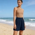 thumbnail image 4 of Pounoo Women's Shorts High Waist Linen-Like Pleated Straight Leg Shorts Retro Elegant Style Breathable Comfortable Loose-Fit Bottoms Gift, 4 of 9