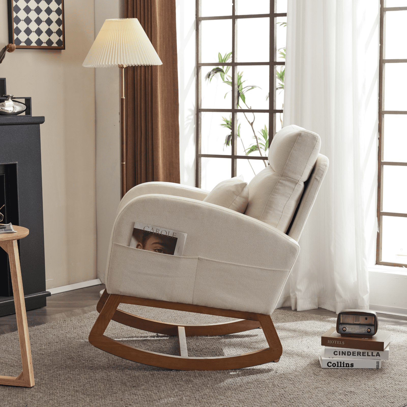 UBesGoo Rocking Accent Chair Armchair Reading Chair, Comfy Single Sofa Rocker with Sturdy Wooden Frame for Living Room Bedroom Beige