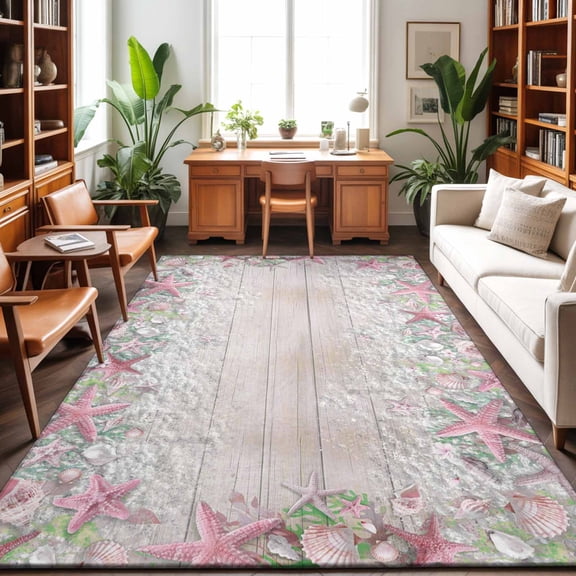 Area Rugs 2.7'x5', Summer Beach Carpet Runner Indoor Outdoor Rugs Home Decor Aesthetic, Pink Starfish Ocean Conch Grey Wood Grain Non Slip Mats Washable Accent Rug for Living Room Bedroom