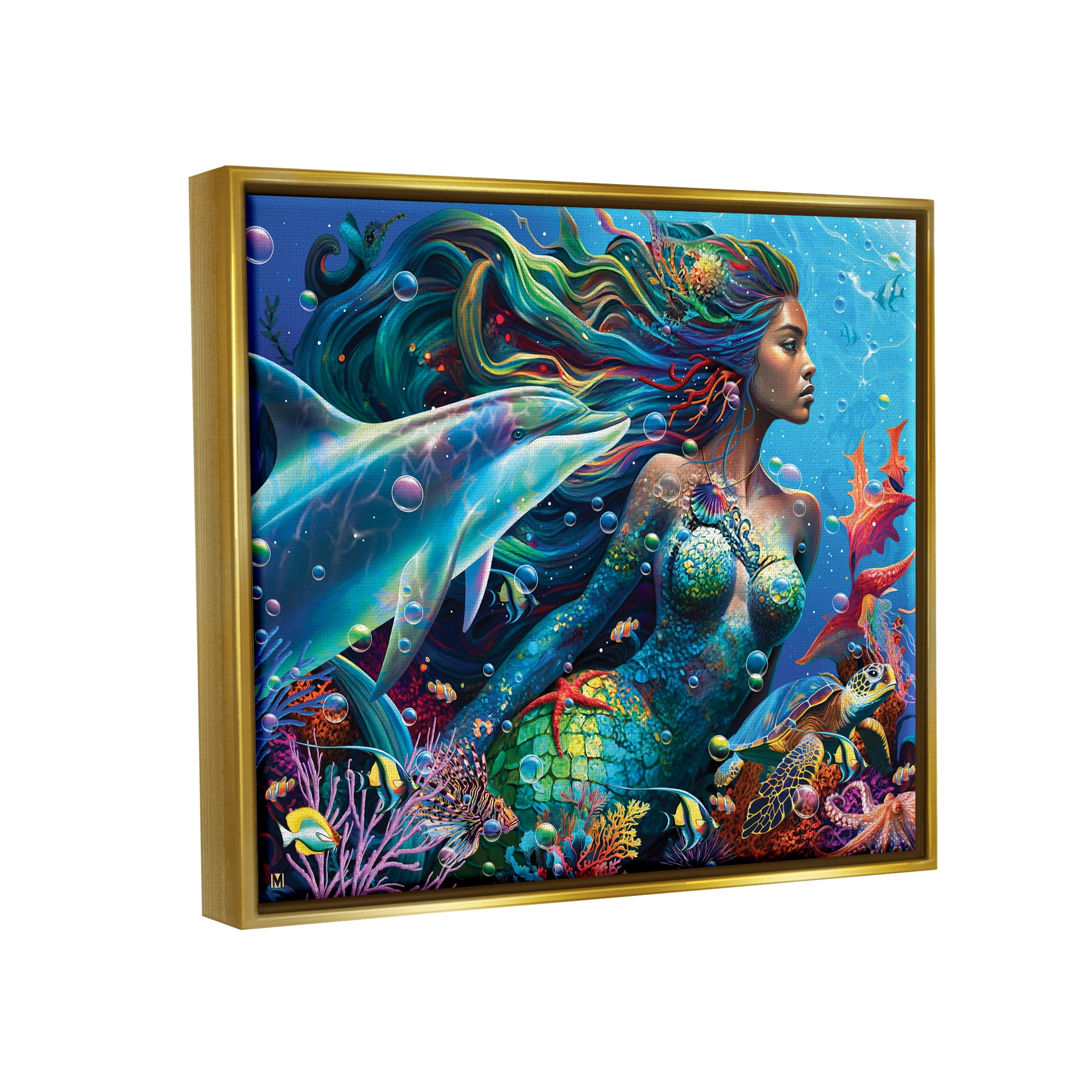 Stupell Industries Mermaid Underwater Sea Life Fairy Tales & Fantasy Painting Gold Floater Framed Art Print Wall Art, 21 x 17