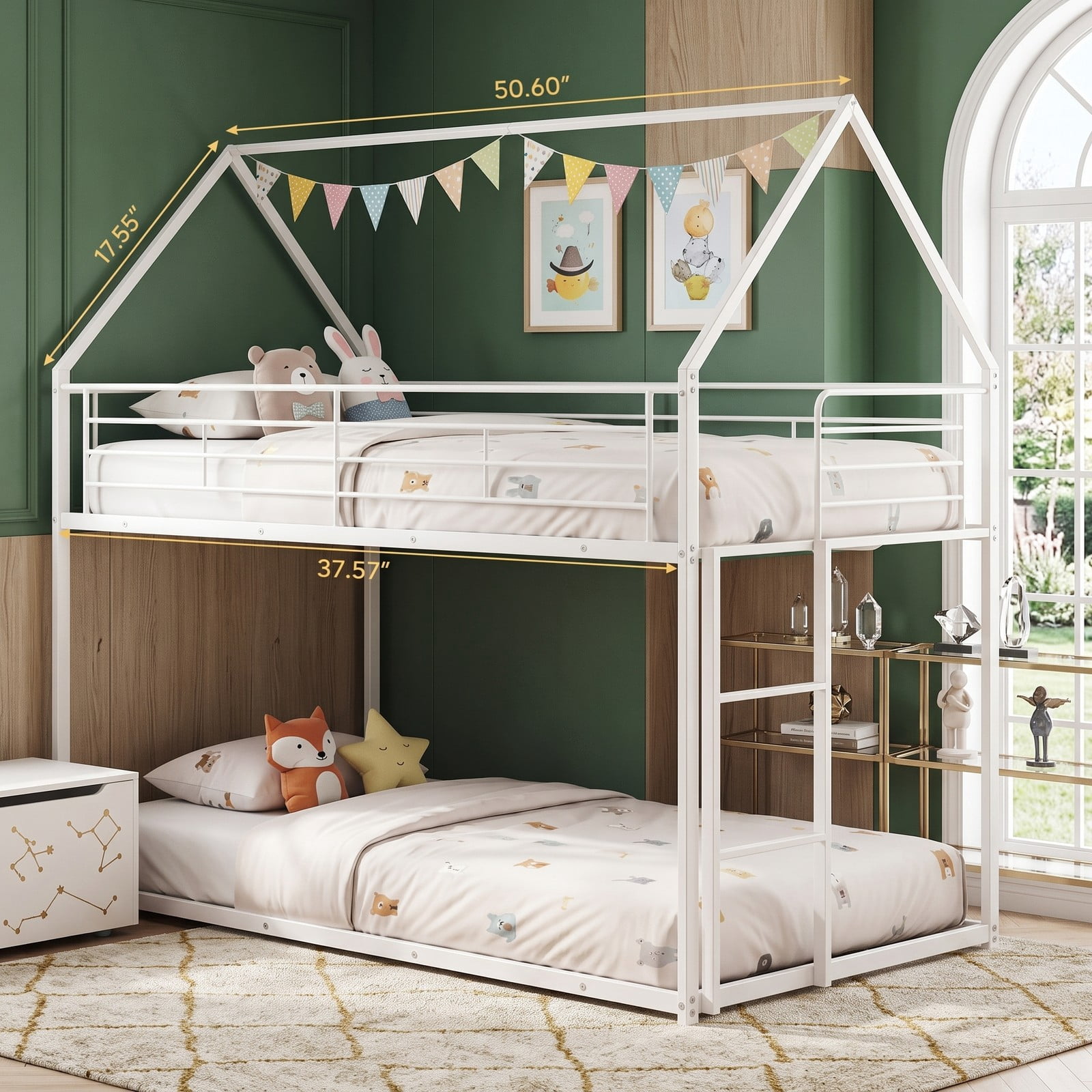 Furnibear Twin Over Twin Metal House Bunk Bed with Roof Ladder and Full-length Guardrails for Kids and Shared Rooms, White