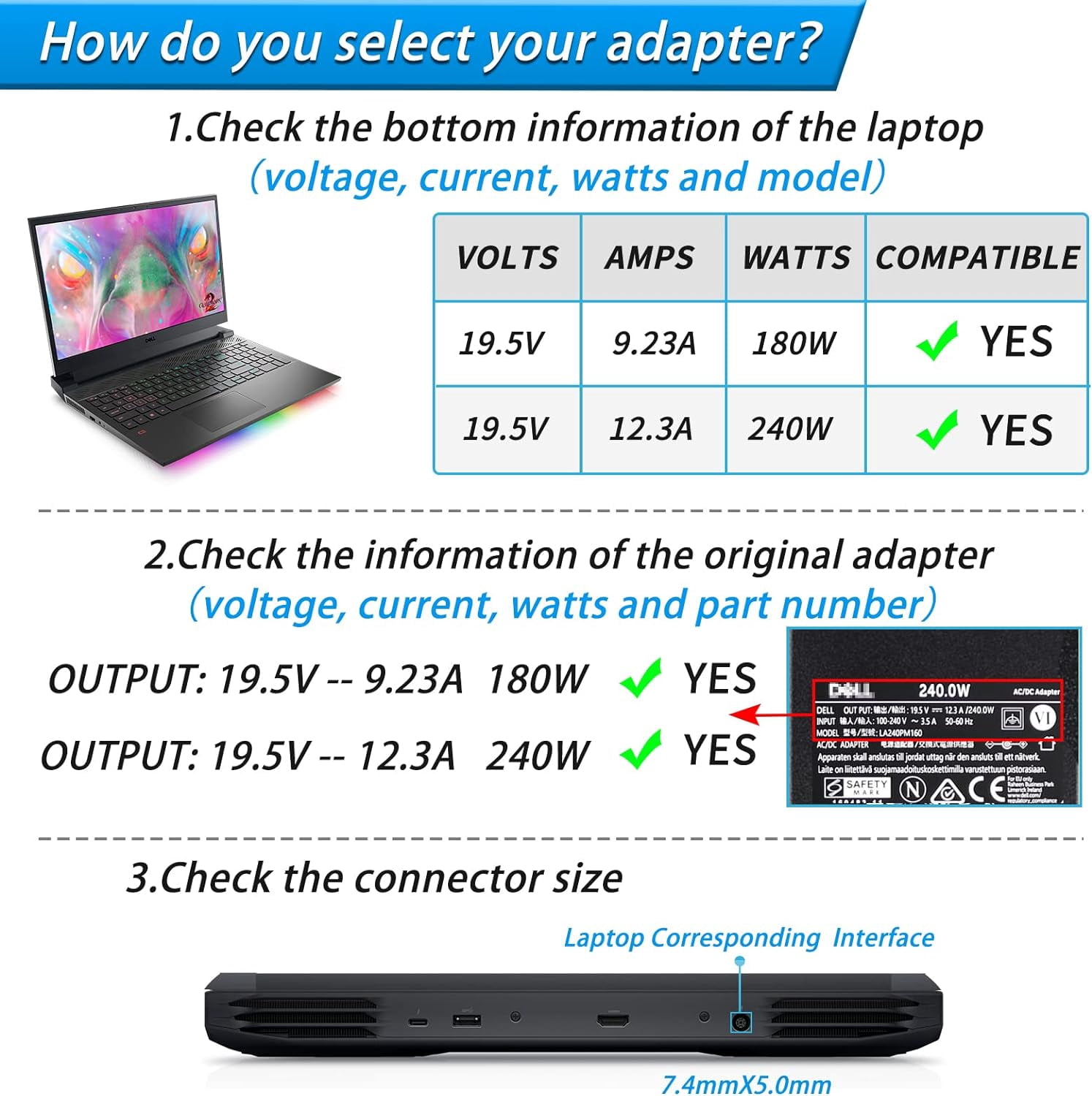 19.5V 12.3A 240W 7.4mm*5.0mm Laptop AC Adapter Charger for Dell Alienware 13 R2 R3 0J211H 17 R2 R3 R5 M17 m15X 0U896K m17 R2 m15 R3 R2-M18X 17 R2 PA9E i7-3920XM R2-M17X M17X R3 R4 M18x-0136 M18x R1