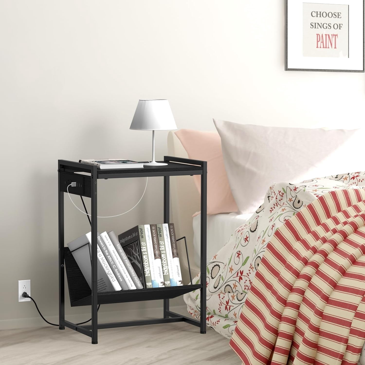 2-Tier End Table Record Player Stand with Charging Station and Vinyl Storage Shelf, Black