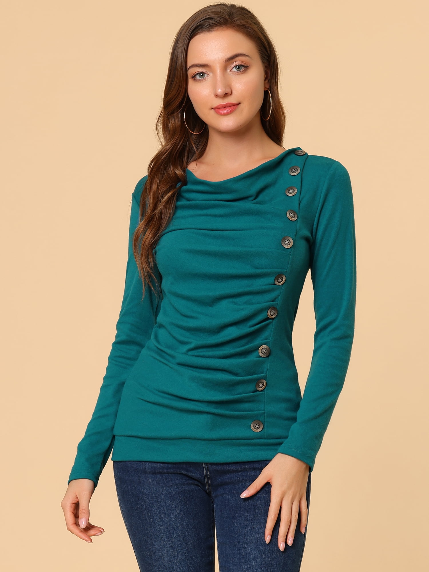 DARING DIVA Women's Cowl Neck Side Ruched Tunic Top XS Blue Green