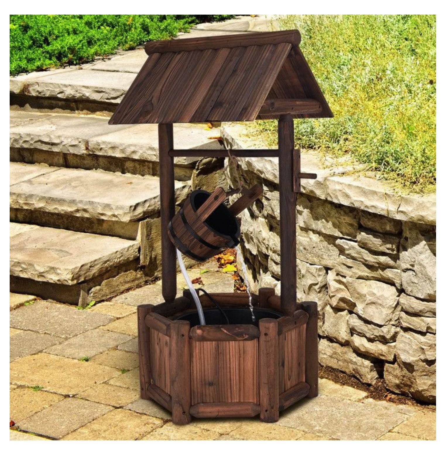 Wishing Well Fountain Outdoor, Fir Wood Water Feature with Electric Pump, Garden Decor for Patio Backyard