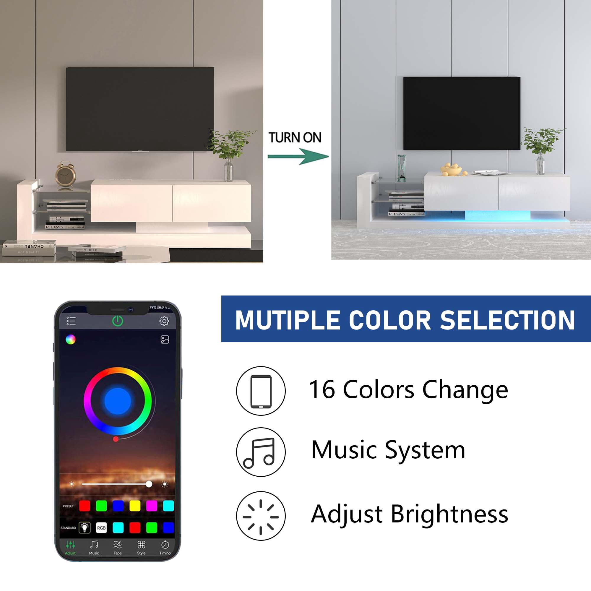 Aukfa Modern TV Stand for TVs up to 75",  TV Console Table, LED Lights, Power Outlets - White