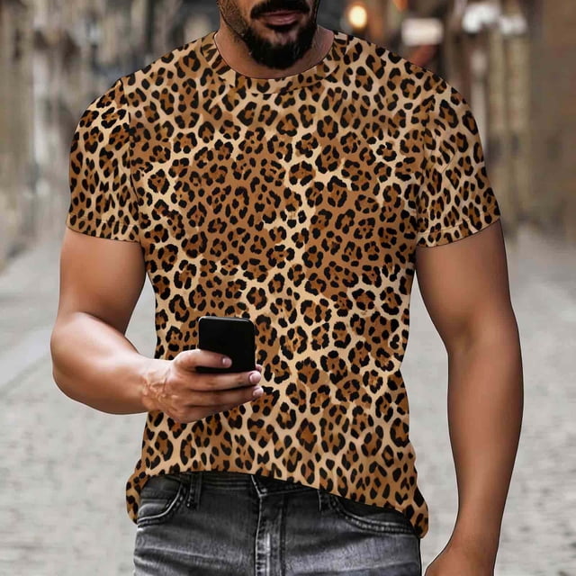 Ceisia Men's Slim Fit Warm Brown Gradient Leopard Print Round Neck Short Sleeve Casual T-Shirt (S-XXXL) Gifts