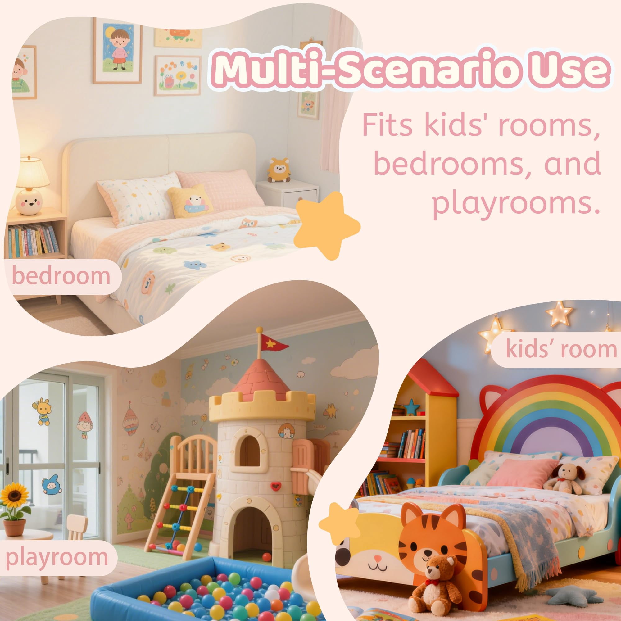 Full Size Montessori Floor Bed with High Rails, Wood House Beds Frame with LED Light, Low Profile Montessori Bed Full with Slats for Kids, Easy to Assembly, Full bed frames Natural
