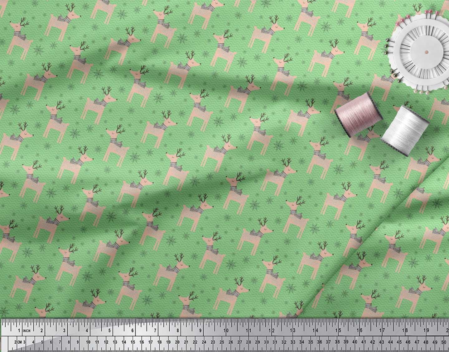 Soimoi Green Poly Georgette Fabric Reindeer & Snowflake Christmas Print Fabric by the Yard 42 Inch Wide