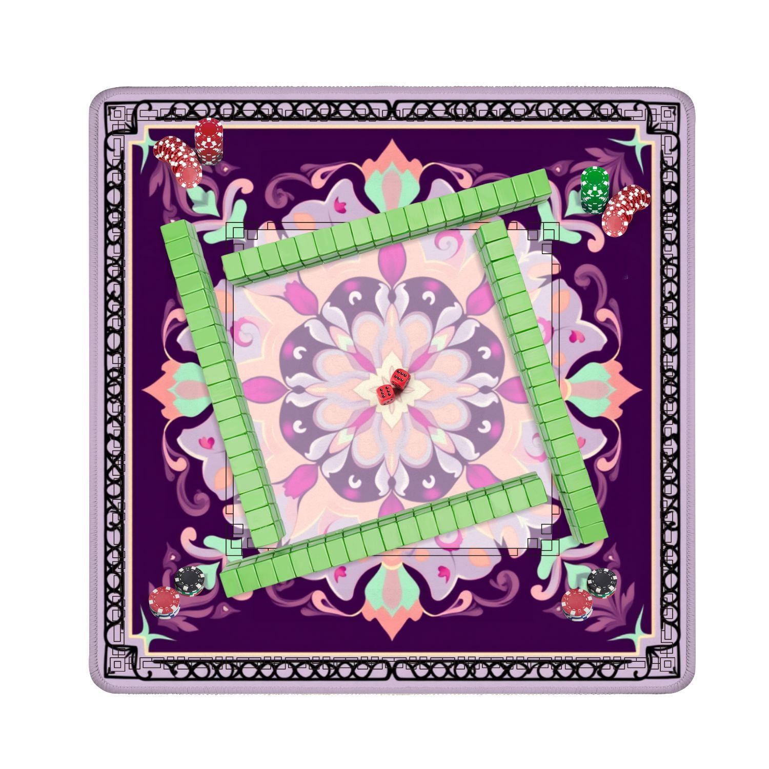 Mahjong Mat 31.5" x 31.5" Ornamental Floral Mandala Purple Pink Pastel Accents Non-Slip Noise Reduction American Mahjong Tiles Table Cover for Dominoes Poker Card Board Games Gift
