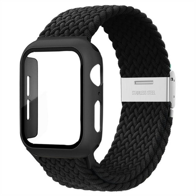 ALMNVO Braided Solo Loop Band Compatible with Apple Watch Bands with Case 45mm 44mm 42mm ,Stretch Nylon Elastic Strap with Glass Screen Protector Case for iWatch Series 7 6 SE 5 4 3 2 1
