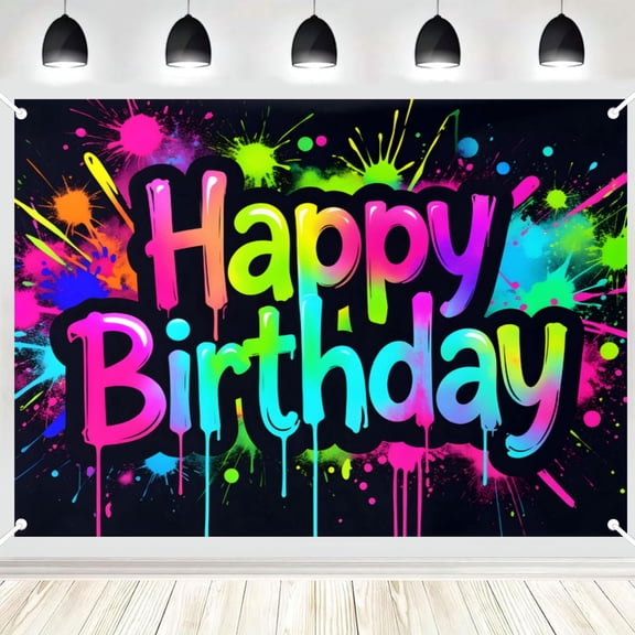 Happy Birthday Backdrop, Neon Graffiti Style Black Background Banner for Birthday Party, Photo Booth Decoration Supplies 16x24in