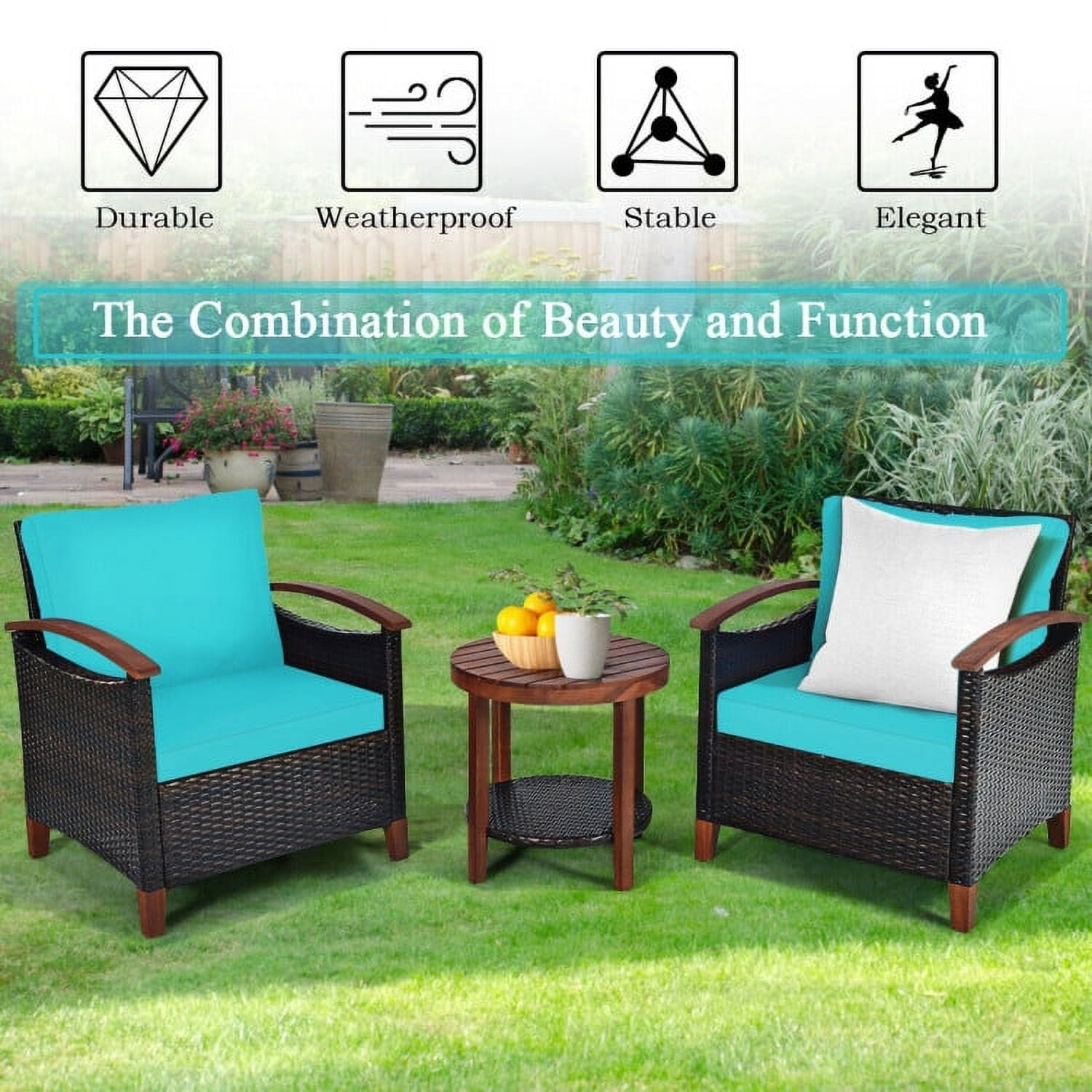 Aimee Lii 3 Pieces Patio Rattan Furniture Set with Washable Cushion and Acacia Wood Tabletop, Small Patio Set, A-Turquoise Aimee Lii 3 Pieces Patio Rattan Furniture Set with Washable Cushion and Acacia Wood Tabletop, Small Patio Set, A-Turquoise