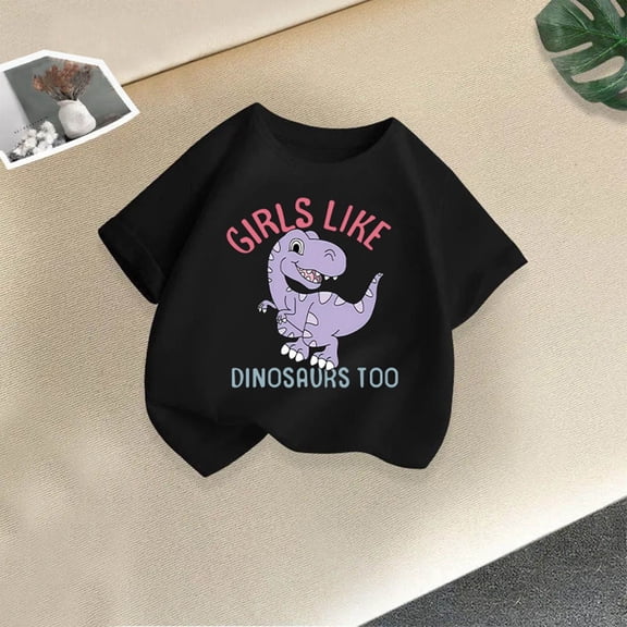 Crunowin Boys and Girls Short Sleeve T-Shirt Round Neck Dinosaur Print Summer Casual Style Playtime Comfort Top Black Size 8/10