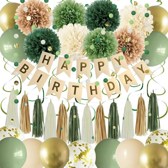 Birthday Party Decorations Set Sage Green, Happy Birthday Banner, Tissue Paper Pompoms, Tassels, Circle Garland, Hanging Swirls, Balloons for Women s Celebration