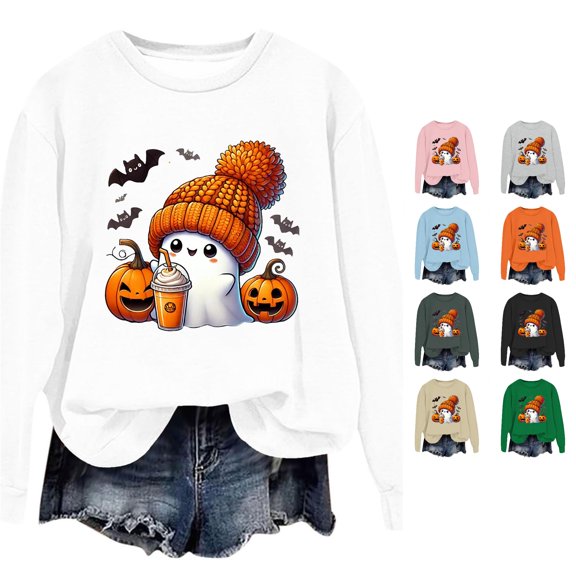 Halloween Sweatshirt for Women Sweatshirt Casual Long Sleeve Graphic Tee Crewneck Pullover Top for Women Hoodless Style White XXL