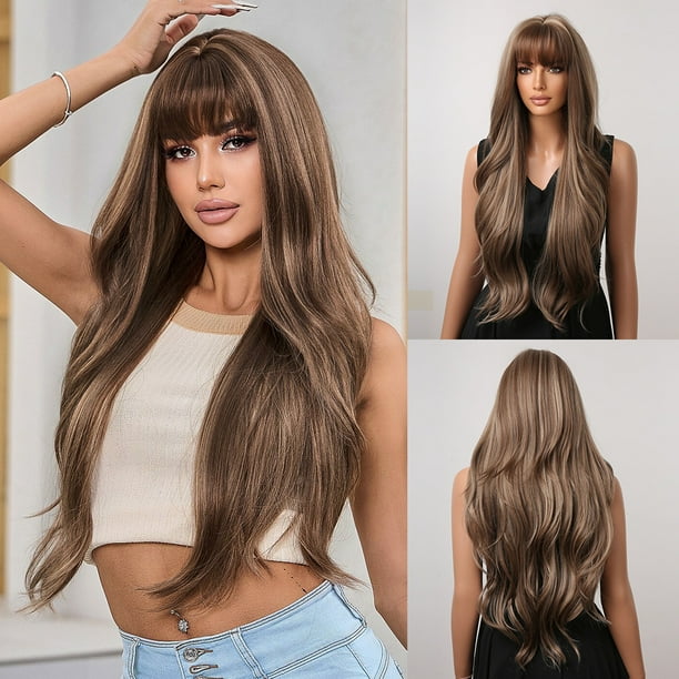 Peluca estilo Europa y Estados Unidos, flequillo prolijo, ondas grandes, cabello largo y rizado, peluca de fibra de seda marrón degradado, tocado