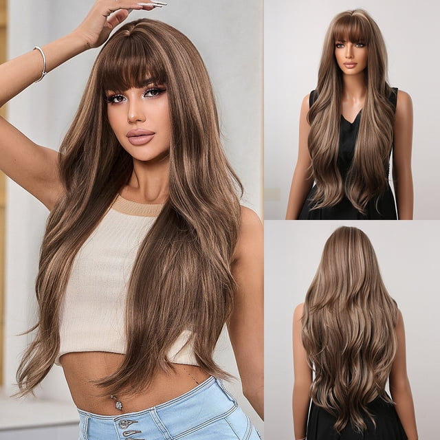 Peluca estilo Europa y Estados Unidos, flequillo prolijo, ondas grandes, cabello largo y rizado, peluca de fibra de seda marrón degradado, tocado