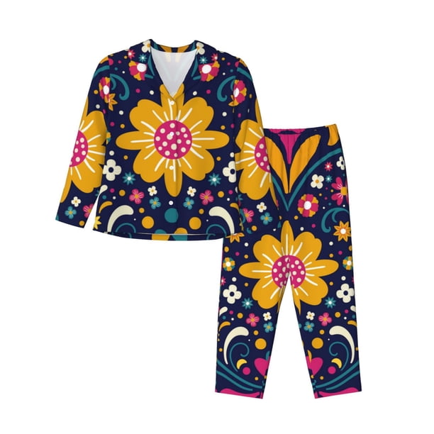 Fotbe Cinco De Mayo Floral Conjunto de Pijama de Manga Larga para Mujer con Estampado, Ropa de Dormir de 2 Piezas, Conjunto de Casa Suave y Cómodo con Bolsillos-X-Large