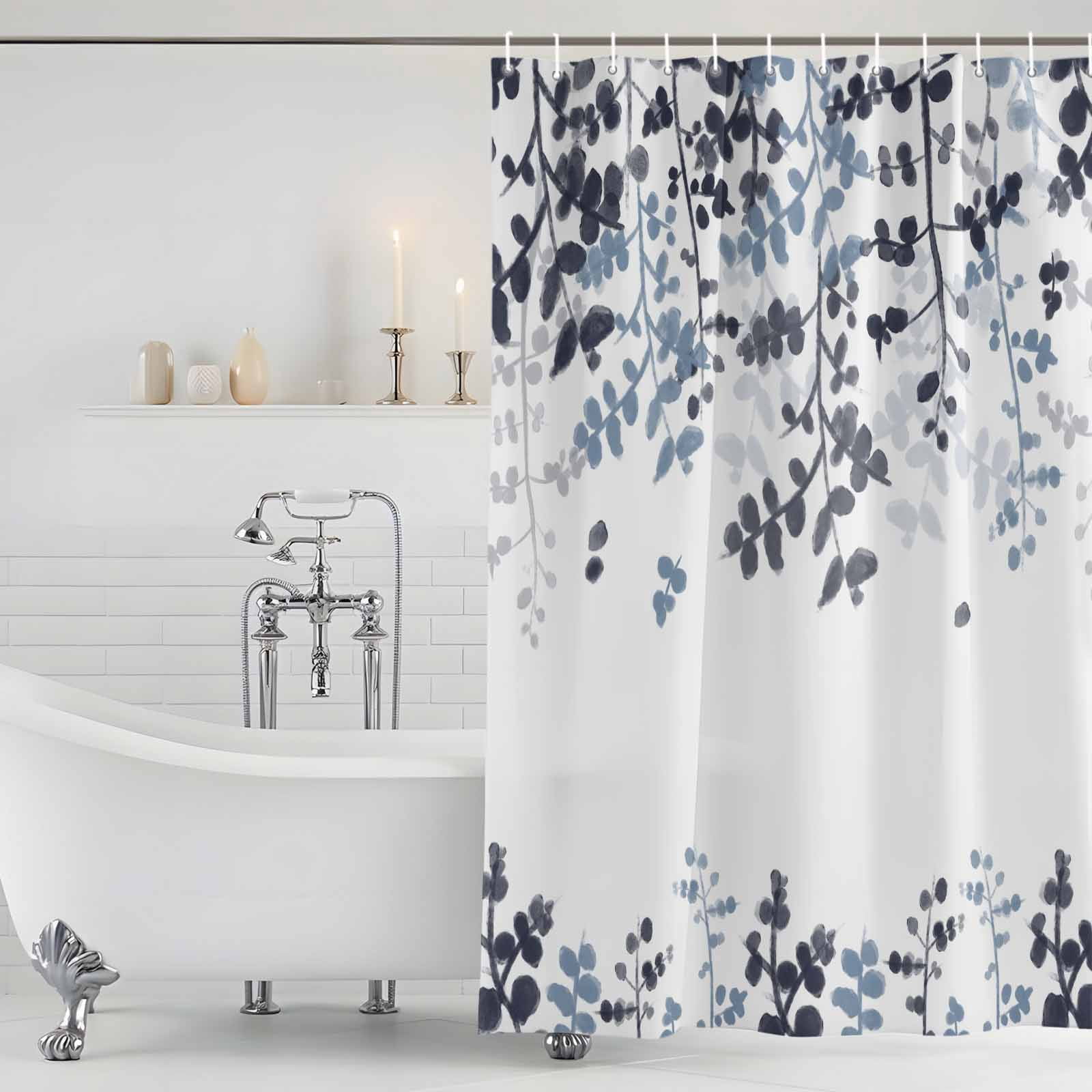 Navy Blue Leaves Shower Curtain, Waterproof Shower Curtains for Bathroom, Summer Botanical Washable Fabric Bathtub Curtain Set Bath Decor with 12 Hooks 48"x72"