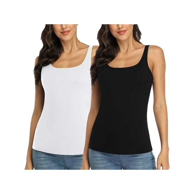 Charmo Cotton Basic Camisole for Womens Wider Straps Tank Tops with Shelf Bra, 2-packs